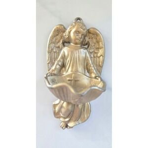 Vtg Brass Tone Cast Metal Angel Holy Water Font Wall Stoup Shell Cross Cherub